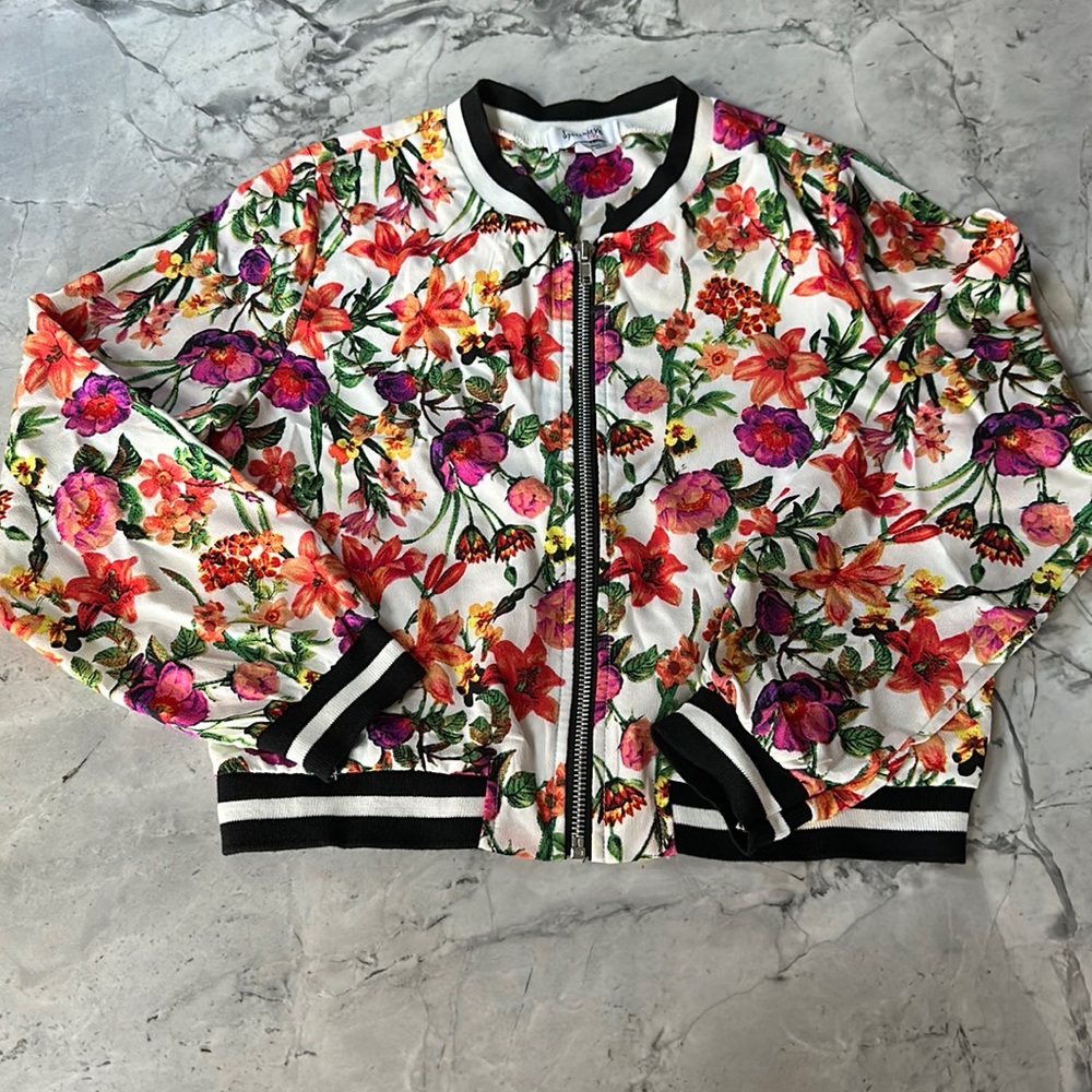 Speechless Girls Floral Bomber Jacket - White, Pink, Orange, Purple, Green